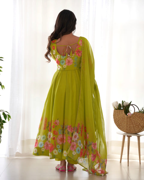 Green Floral Printed Anarkali Suit - Graceful Ethnic Elegance