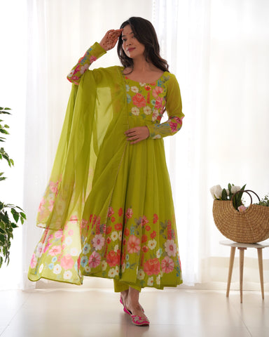 Green Floral Printed Anarkali Suit - Graceful Ethnic Elegance