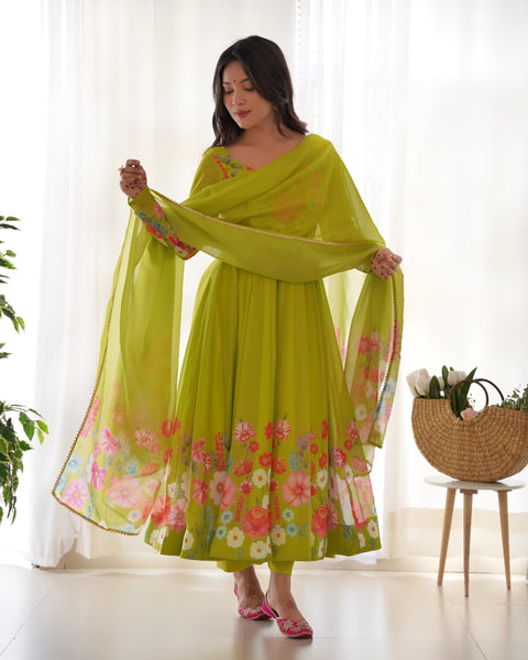 Green Floral Printed Anarkali Suit - Graceful Ethnic Elegance