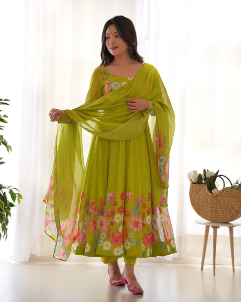 Green Floral Printed Anarkali Suit - Graceful Ethnic Elegance
