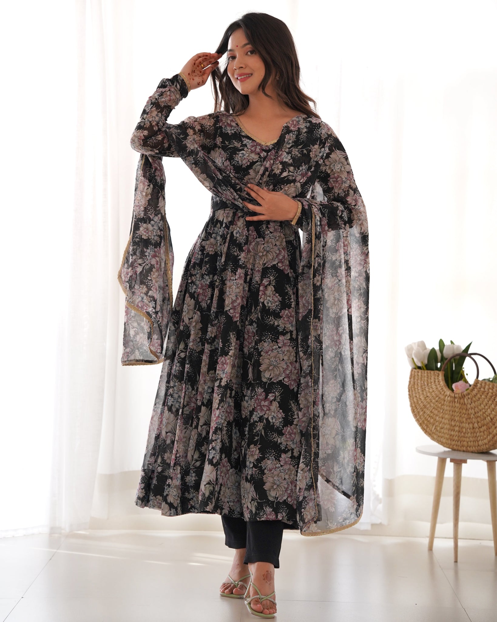 Graceful Pink Floral Printed Anarkali Suit with Dupatta