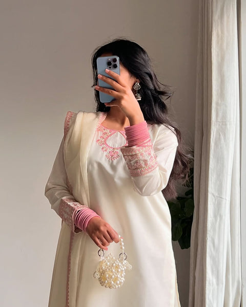 Elegant Cream & Pink Embroidered Farsi Salwar Suit