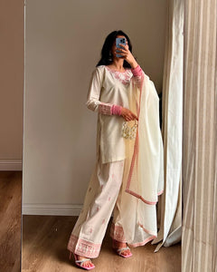 Elegant Cream & Pink Embroidered Farsi Salwar Suit