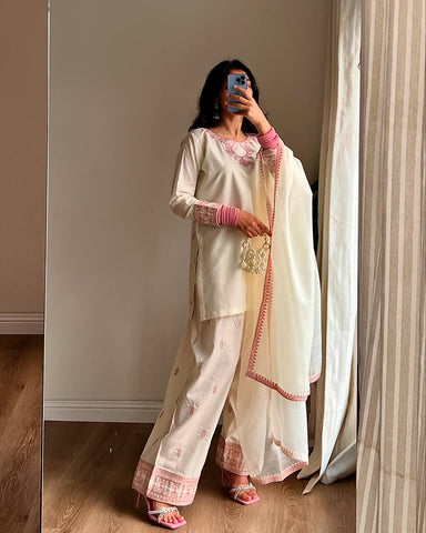 Elegant Cream & Pink Embroidered Farsi Salwar Suit