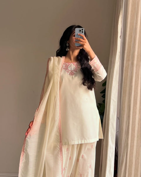 Elegant Cream & Pink Embroidered Farsi Salwar Suit