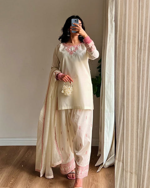 Elegant Cream & Pink Embroidered Farsi Salwar Suit