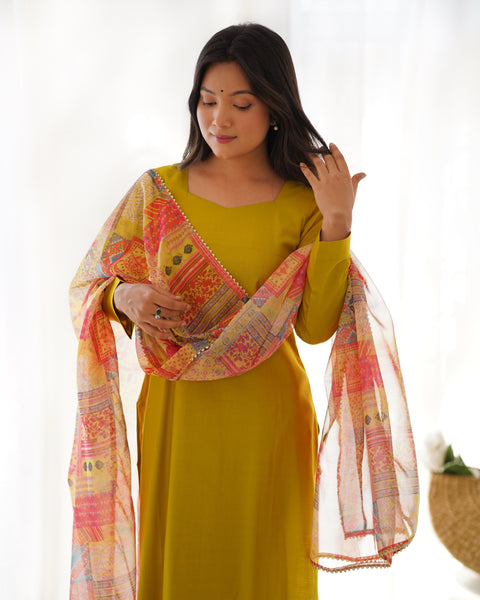 Elegant Mustard Yellow Kurta Set with Printed Dupatta