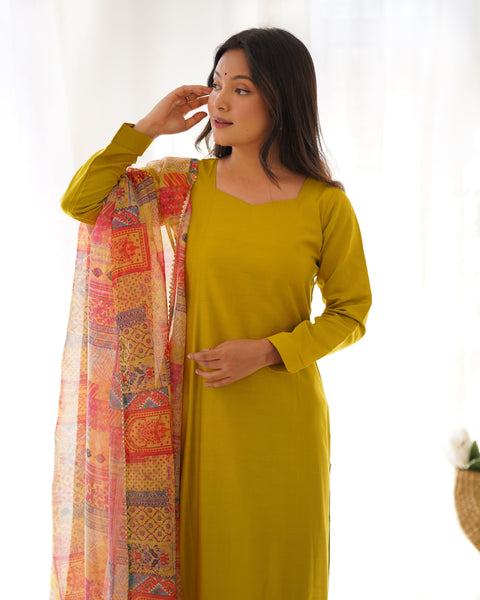Elegant Mustard Yellow Kurta Set with Printed Dupatta