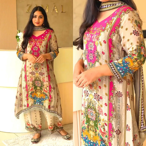Beige Multicolor Embroidered Farsi Suit for Women – Elegant Wedding Ethnic Wear