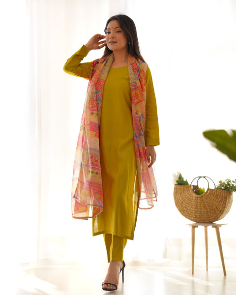 Elegant Mustard Yellow Kurta Set with Printed Dupatta