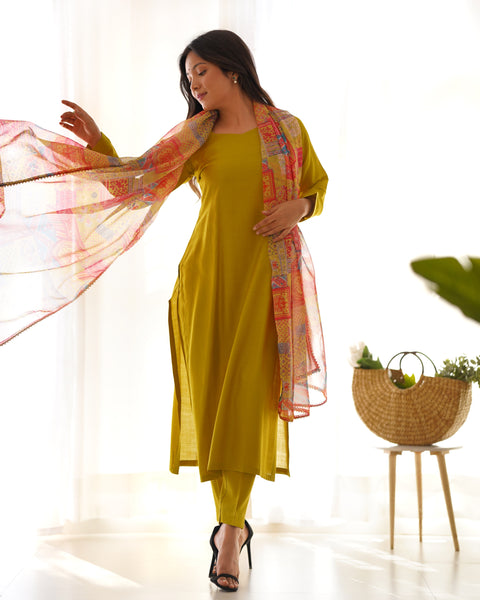 Elegant Mustard Yellow Kurta Set with Printed Dupatta