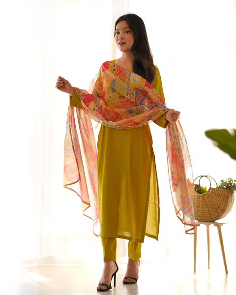 Elegant Mustard Yellow Kurta Set with Printed Dupatta