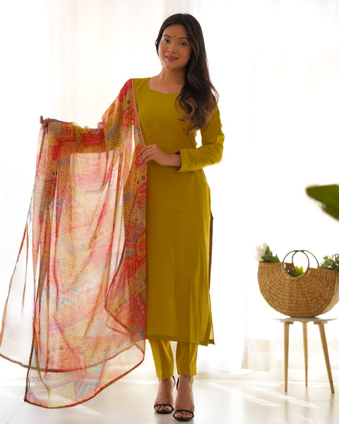 Elegant Mustard Yellow Kurta Set with Printed Dupatta