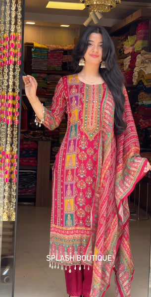 Elegant Pink Printed Farsi Salwar Suit with Dupatta