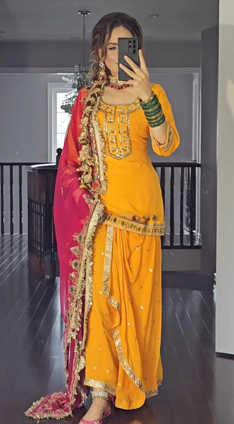 Women's Yellow Embroidered Dhoti Style Suit Set with Pink Dupatta