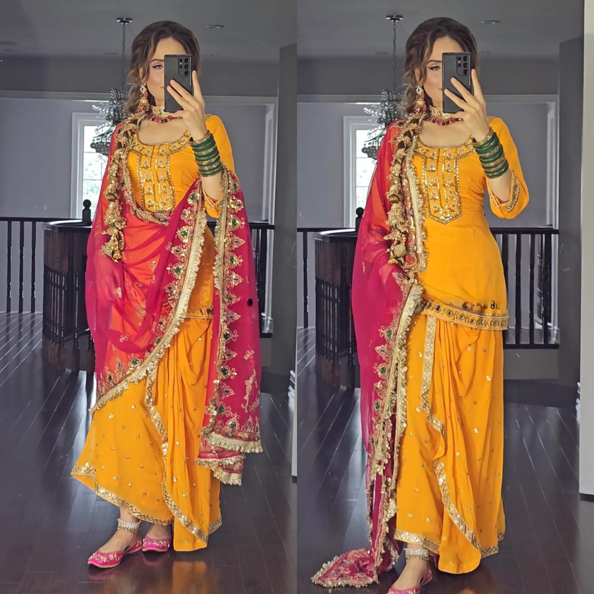 Women's Yellow Embroidered Dhoti Style Suit Set with Pink Dupatta