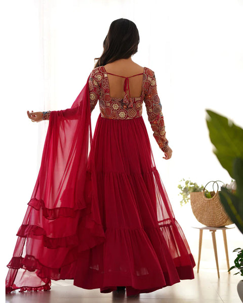 Regal Red Georgette Anarkali Suit – Floor-Length Elegance