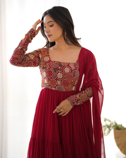 Regal Red Georgette Anarkali Suit – Floor-Length Elegance