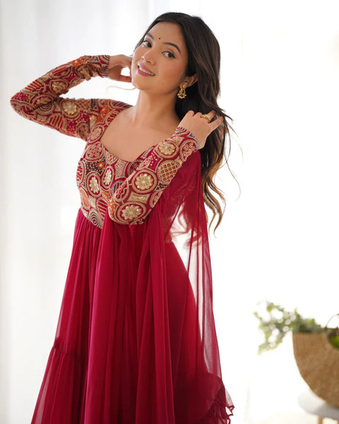 Regal Red Georgette Anarkali Suit – Floor-Length Elegance