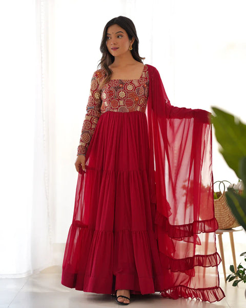 Regal Red Georgette Anarkali Suit – Floor-Length Elegance