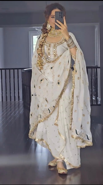 White Embroidered Dhoti Style Suit Set with Dupatta