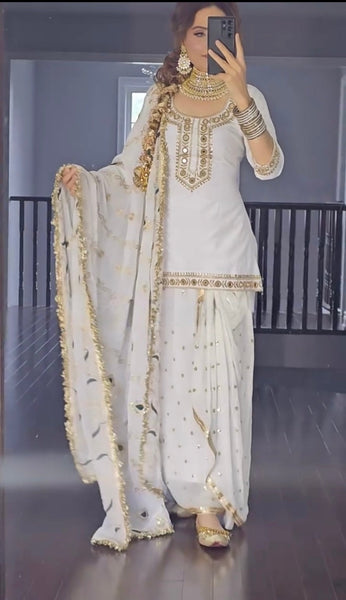 White Embroidered Dhoti Style Suit Set with Dupatta