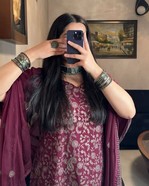 Radiant Reflections Maroon Georgette Embroidered Kurta Set