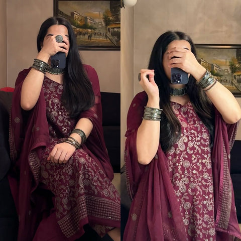 Radiant Reflections Maroon Georgette Embroidered Kurta Set