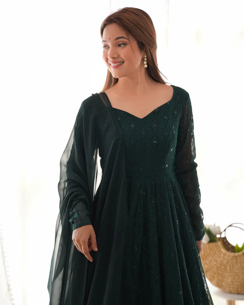 Peach Soft Faux Georgette Salmon Lucknowi Anarkali Maxi Suit