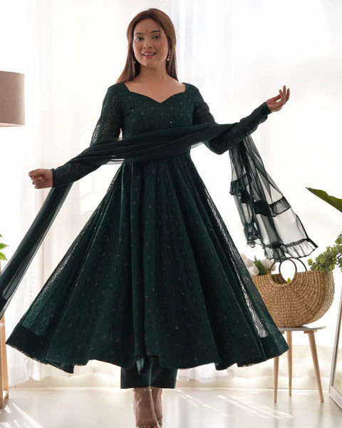 Peach Soft Faux Georgette Salmon Lucknowi Anarkali Maxi Suit