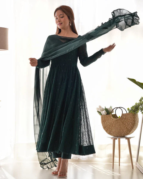 Peach Soft Faux Georgette Salmon Lucknowi Anarkali Maxi Suit
