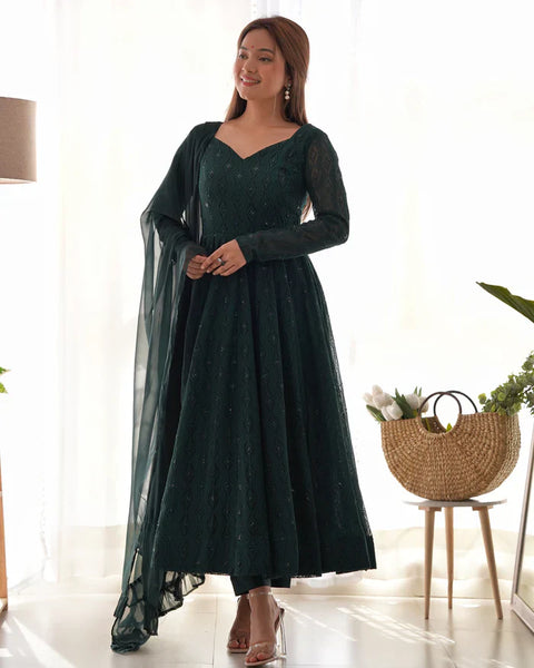 Peach Soft Faux Georgette Salmon Lucknowi Anarkali Maxi Suit