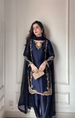 Midnight Blue Zari Embroidered Suit Set