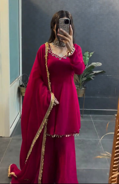 Designer Rani Pink Embroidered Sharara Suit with Dupatta