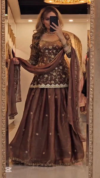 Elegant Brown Embroidered Lehenga Top Set with Dupatta