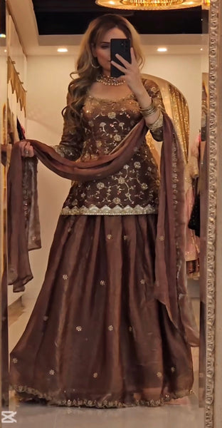 Elegant Brown Embroidered Lehenga Top Set with Dupatta