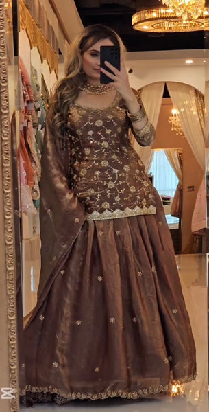 Elegant Brown Embroidered Lehenga Top Set with Dupatta