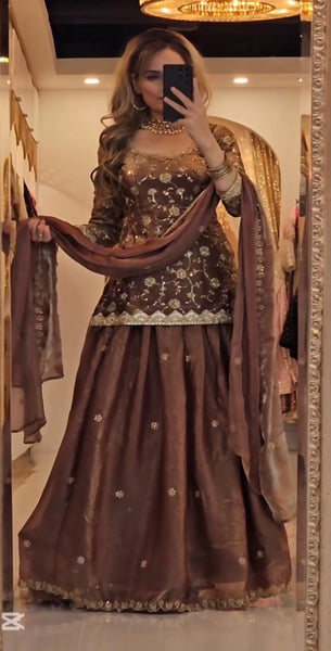Elegant Brown Embroidered Lehenga Top Set with Dupatta
