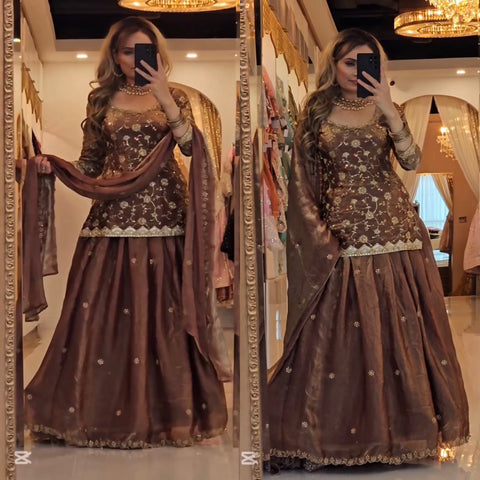 Elegant Brown Embroidered Lehenga Top Set with Dupatta