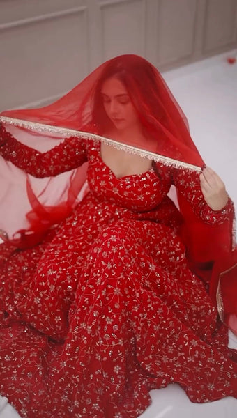 Red Embroidered Anarkali Suit with Fancy Golden Work and Net Dupatta