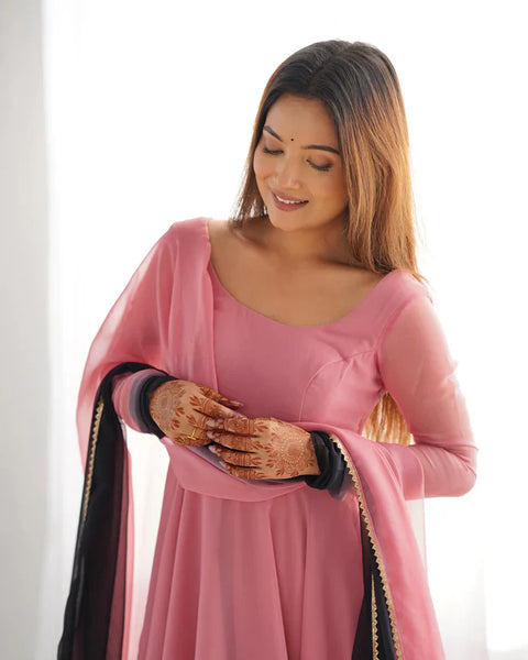 Ethnic Style Black and Pink Soft Faux Georgette Anarkali Suit