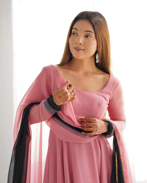 Ethnic Style Black and Pink Soft Faux Georgette Anarkali Suit