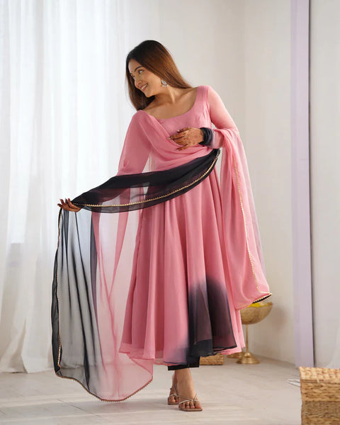 Ethnic Style Black and Pink Soft Faux Georgette Anarkali Suit