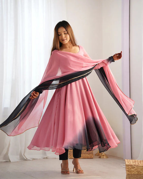 Ethnic Style Black and Pink Soft Faux Georgette Anarkali Suit