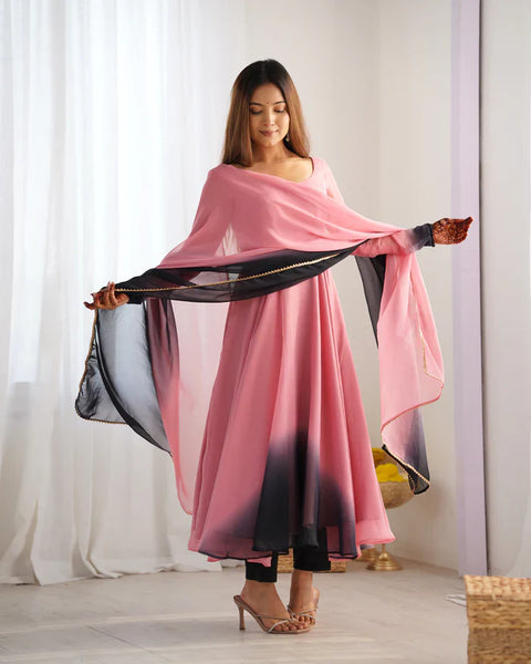 Ethnic Style Black and Pink Soft Faux Georgette Anarkali Suit