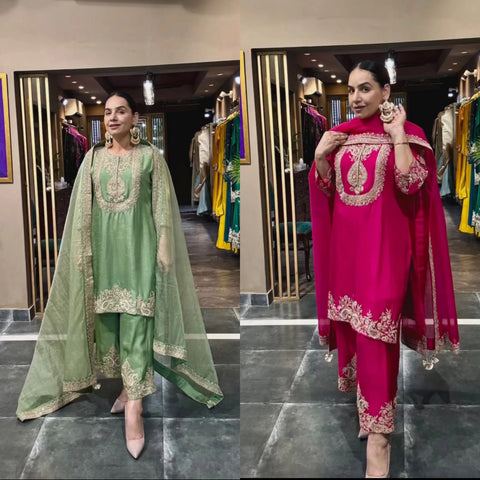 Prisha Embroidered Punjabi Suit Set - Pure Heavy Chinnon Silk