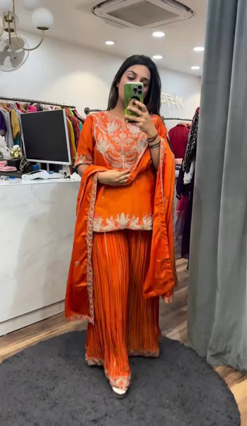 Orange Pure Heavy Chinnon Silk Embroidered Sharara Suit