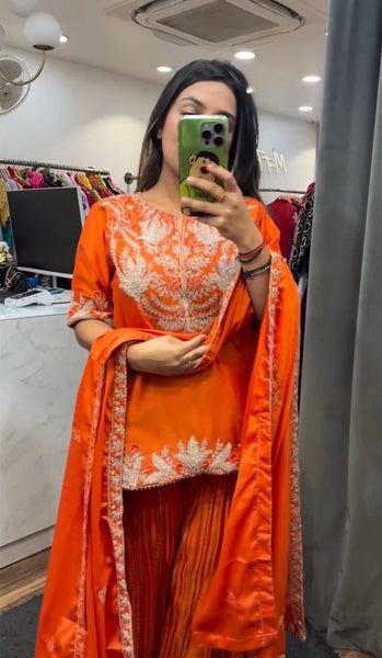 Orange Pure Heavy Chinnon Silk Embroidered Sharara Suit