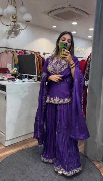 New Designer Party Wear Purple Sharara Suit with Heavy Embroidery