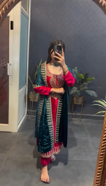 Glistening Maroon & Pink Majesty Velvet Suit - Complete Set